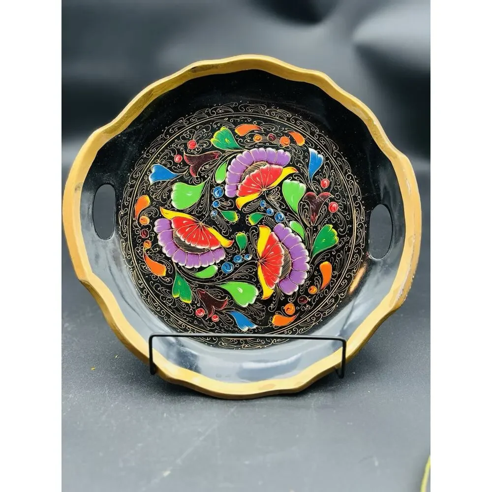 Mexican Batea Wooden Multi-Colored Floral Decorative Tray 11”